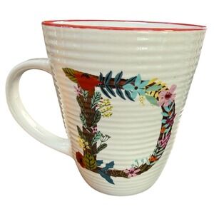 Pier 1 Savannah Stoneware Mug Letter D Floral Monogram Ribbed White Red Rim